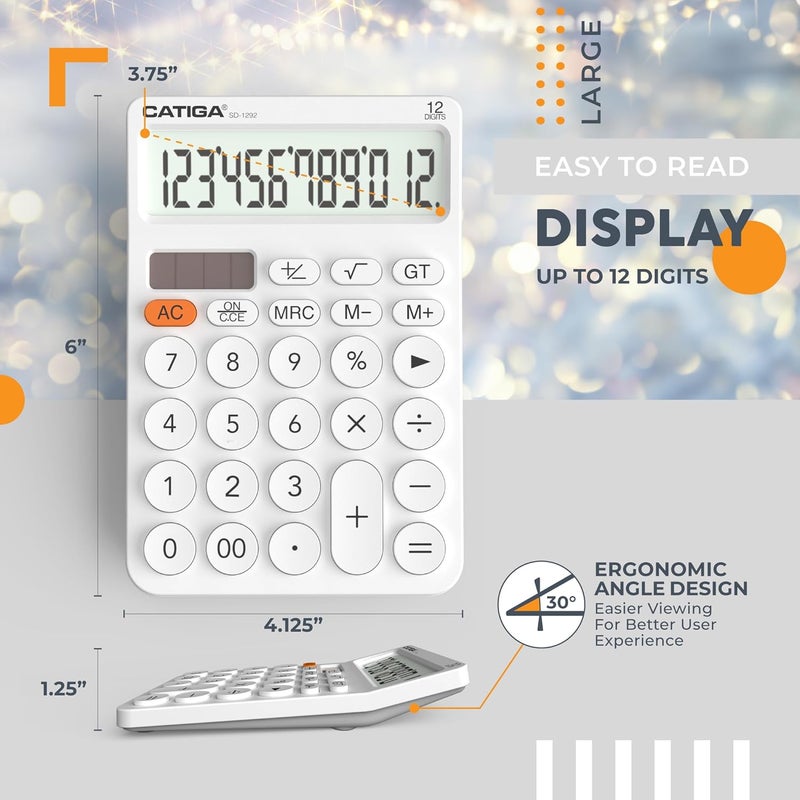 CATIGA 12 Digit Desktop Calculator Basic Desk Calculator with Large LCD Display, Big Buttons, 4 Function, Solar and Battery Dual Power, for Office, School, Home, SD-1292 White - Image 4